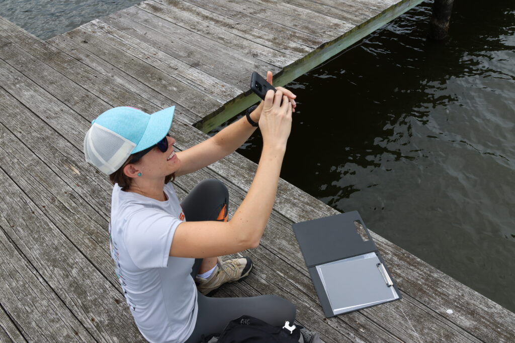 We see a woman with brown hair and a blue and white baseball hat kneeling down on a pier next to the water. She's pointing her phone up to the sky as she uses the HydroColor app to collect water clarity data for Chesapeake Water Watch. In front of her, also on the wooden pier, is a black clipboard with a gray piece of paper that she uses to calibrate the app. 